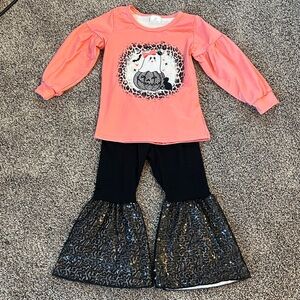 Adorable Halloween Ghost Set - Coral and Black with Black Sequin Bell Bottoms
